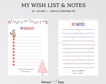 Wish List Digital Printable, Wish List Planner, My Wish List, Christmas Wishlist Template, A4/A5 Wish List Page, Note Page, My Notes