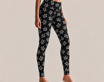 Leggings con corona negra y plateada, pantalones de yoga de cintura alta con estampado gótico real para mujer.