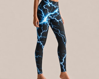 Women's High Waist Leggings Blue Lightning Leggings, Black High-Waist Yoga Pants
