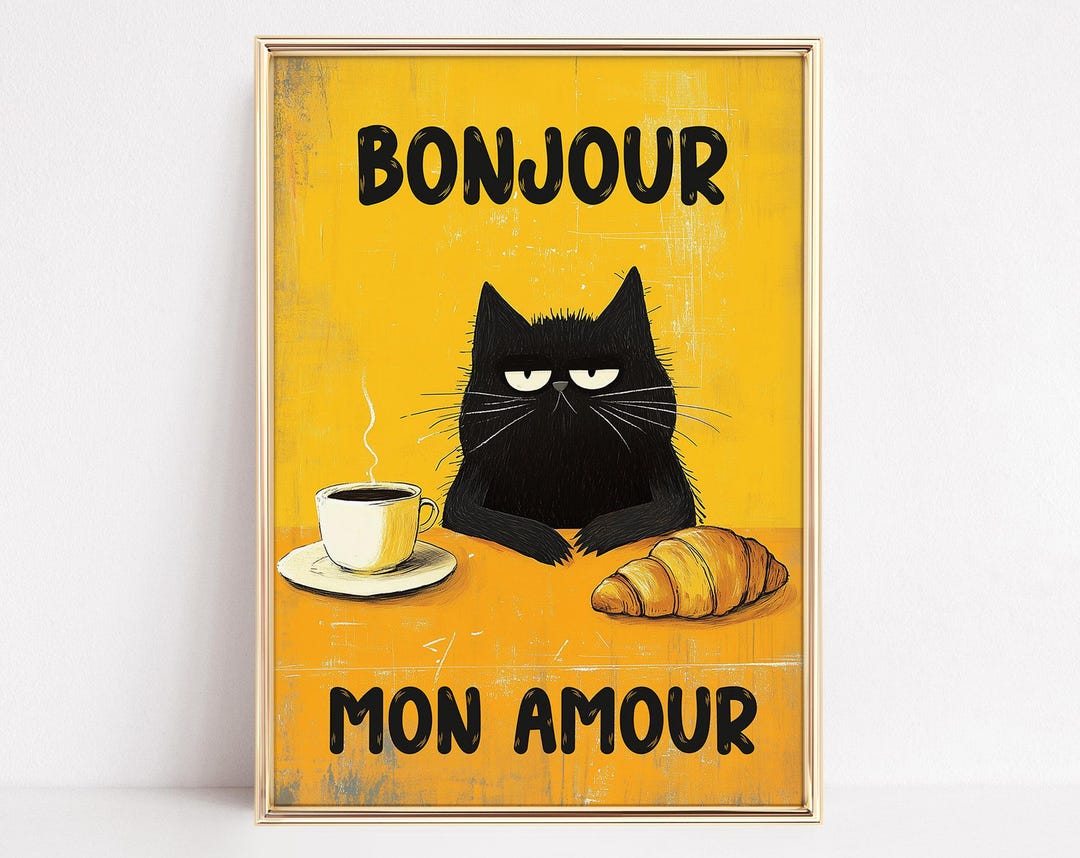 Stampa Su Tela Con Gatto Nero E Scritte Francesi 'Bonjour Mon Amour' – Decorazione Da Parete Vintage, 30x40 O 40x60 Cm