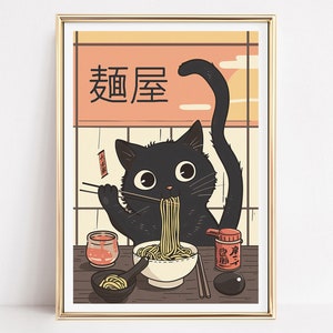 Póster de gato negro con fideos, arte de gato negro de Tokio, gato con fideos de Japón, póster de gato ramen, impresión artística de gato ramen, póster de gato hambriento, arte para amantes del ramen