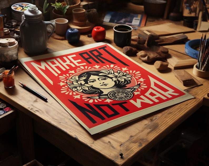 Make art not war print vintage poster vintage art print red poster