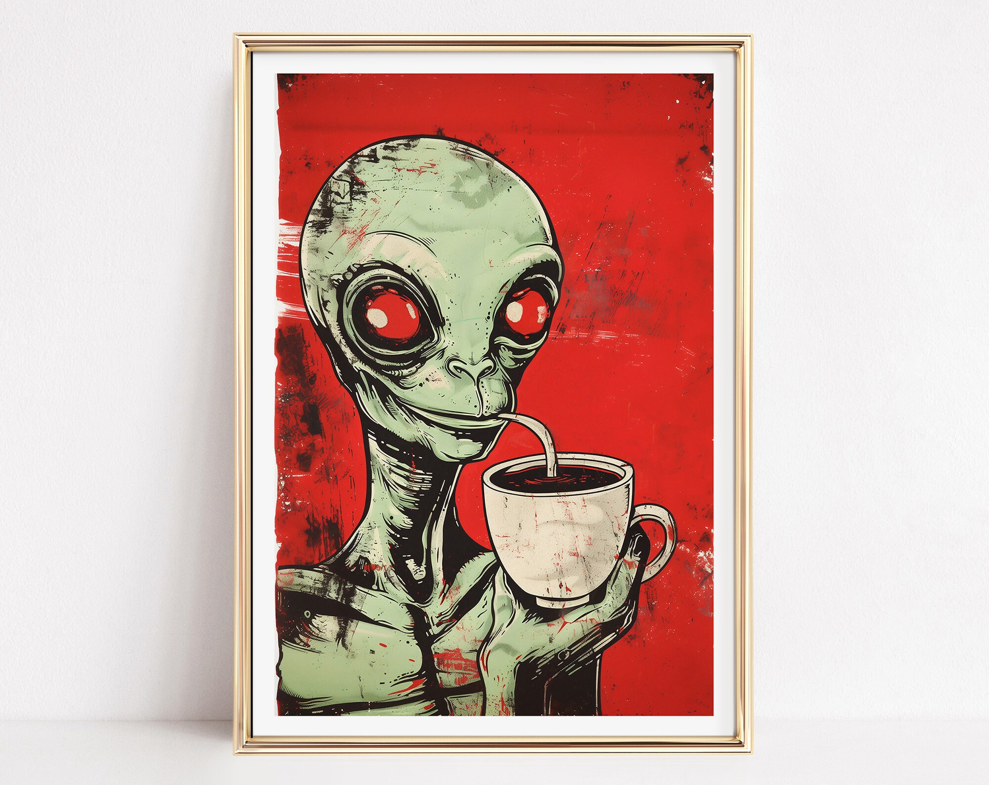 Alien Drinking Coffee Vintage Poster, Vintage Wall Art, Art Decor, Trendy Prints for Sci-Fi Enthusiasts