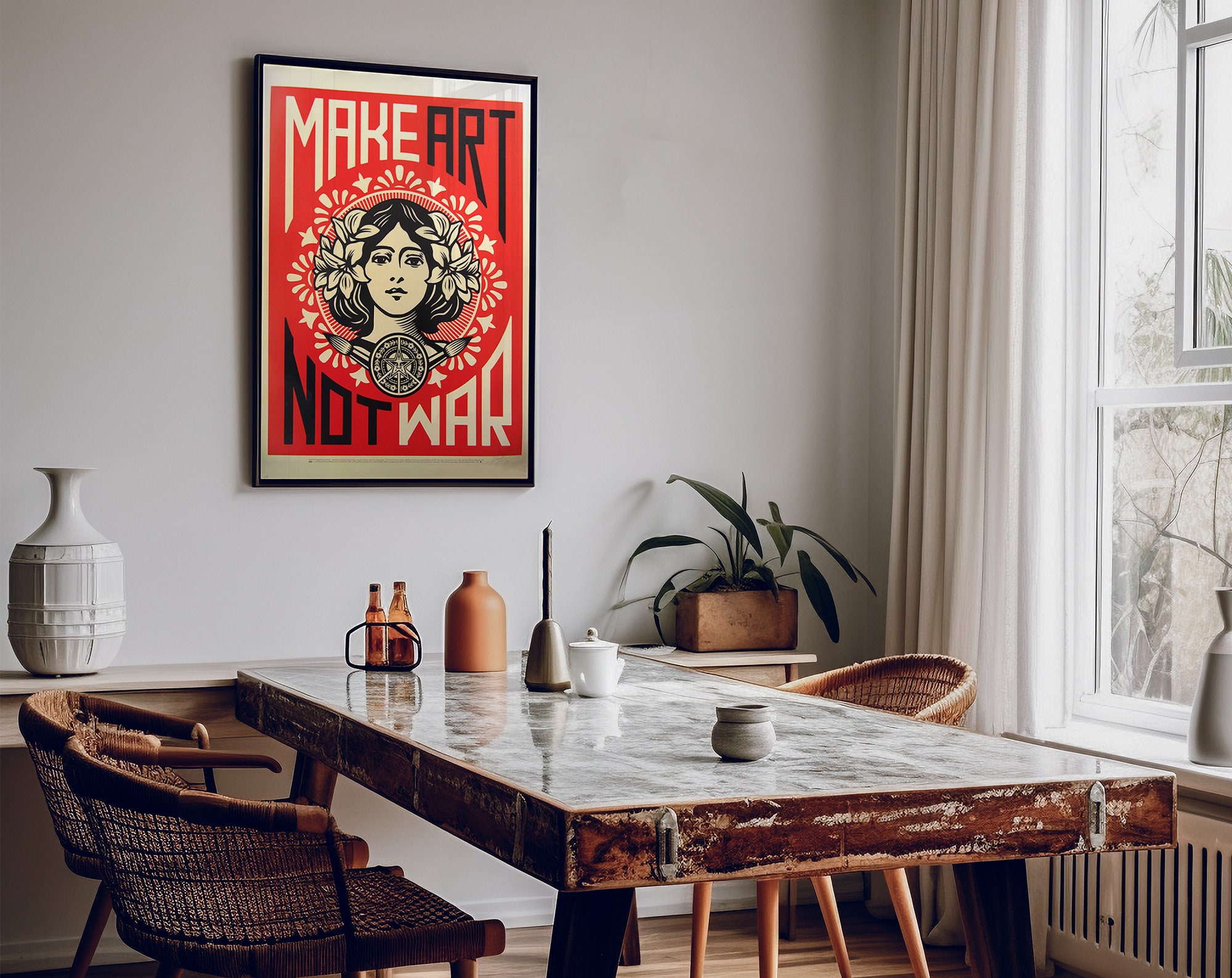Make art not war print vintage poster vintage art print red poster