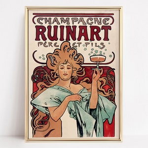 Champagne Ruinart von Alphonse Mucha Vintage Poster, Vintage Wandkunst, Kunstdekor, trendige Drucke für Champagner-Enthusiasten.