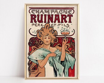 Champagne Ruinart by Alphonse Mucha Vintage Poster, Vintage Wall Art, Art Decor, Trendy Prints for Champagne Enthusiasts.