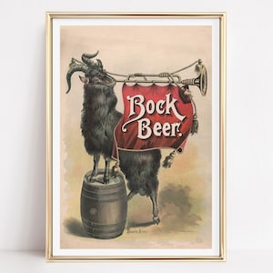 Cartel publicitario de cerveza Bock, cabra con trompeta y estandarte, Nueva York 1894, arte de pared vintage, decoración artística, impresiones de moda para entusiastas de la cerveza