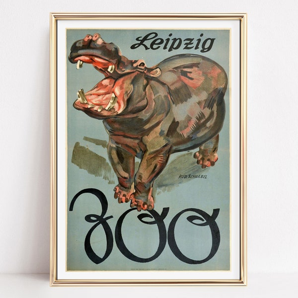 Leipzig Zoo Germany Hippo Vintage Poster 1950s, Vintage Wall Art, Art Decor, Trendy Prints for Animal Lovers,Museum quality print