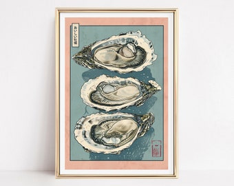 Japanese Oyster Print, Seashells Print, Japanese Coastal, Beach House Decor, Kitchen Wall Art, Dining Room Print, Housewarming Gift