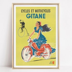 Pubblicità di Gitane Motocycles anni '50, arte murale vintage, decorazioni artistiche, stampe alla moda per gli appassionati di moto, stampa di qualità museale