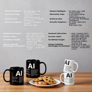 May include: Two black mugs and two white mugs with the letters "AI" printed on them. The mugs have text descriptions. A plate of chocolate chip cookies sits between the mugs. The background is a light wood surface.