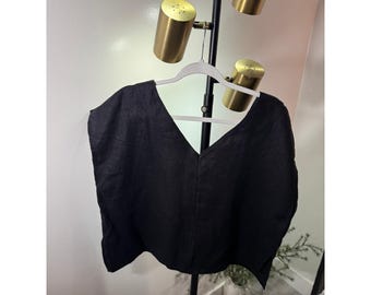 Black Linen V-Neck Boxy Top Minimalist Coastal Chic Cap Sleeve Side Slit