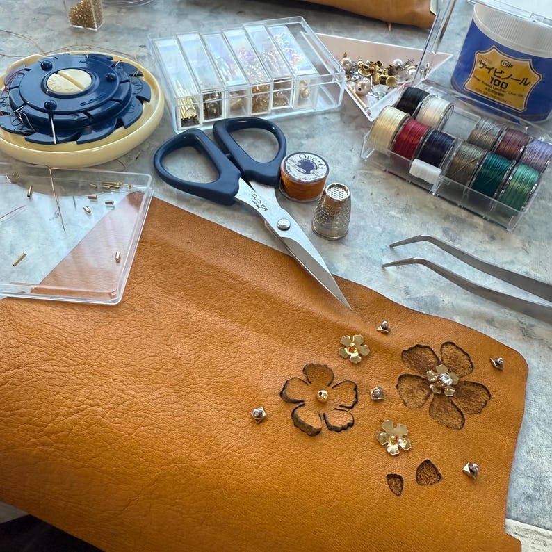 Leather Sewing Tool Organiser Frame Purse, Clasp, Scissors Holder, Made in Japan image 6