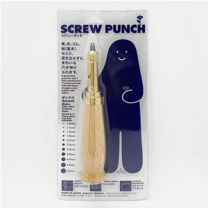 May include: A screw punch tool with a wooden handle and a metal tip, packaged in a clear plastic sleeve. The packaging features Japanese text and a cartoon figure. The tool is designed for leather, fabric, and paper.