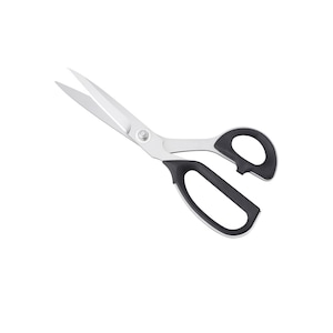 May include: Silver-colored metal scissors with dark gray ergonomic handles. The blades are sharp and pointed. The product is labeled as 7250L and 250mm, indicating a length of 250 millimeters. The design features a pivot screw in the center.