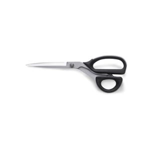 May include: A pair of scissors with a silver blade and black handles. The scissors are open, with the blades pointing to the left. The handles have a loop for the thumb and a larger loop for the other fingers.