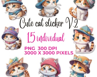 Cat Stickers, Kawaii Clipart with Hats (Digital Download PNG Files