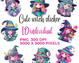 Witch Stickers, Kawaii Clipart (Digital Download)