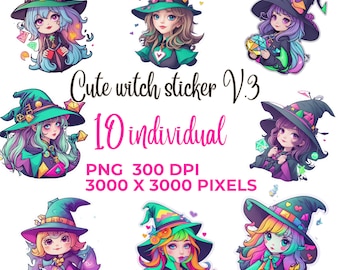 Kawaii Witch Sticker Set, PNG Clipart (Digital Download)