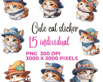 Cat Stickers, Kawaii Clipart (Digital Download, 15 PNG Files)