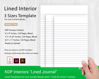 KDP Interiors Templates | Lined Pages for Low Content Books | 6x9, 7.5x9.25 and 8.5x11 inches With Bleed 124 Pages | Free Commercial Use