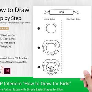 May include: A black and white printable worksheet for kids to learn how to draw a lion. The worksheet shows a step-by-step guide with three stages of drawing a lion's face. The worksheet is titled "How to Draw for Kids" and is part of a set of 10 animal faces.