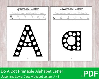 Puede incluir: Hoja de trabajo imprimible en blanco y negro para aprender las letras mayúsculas y minúsculas A y a. La hoja de trabajo presenta una letra A punteada y una letra a punteada que los niños pueden trazar y rellenar con marcadores de puntos.