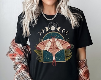 Vintage Botanical Luna Moth Wings Under Celestial Moon Cycle Tshirt, Moth Shirt, Goblin Core Clothing, Cottagecore T Shirt, Insect Crewneck