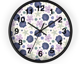 Reloj de pared inspirado en la playa, decoración costera, decoración náutica, reloj con estampado de conchas, reloj con temática oceánica, regalo para amantes de la playa.