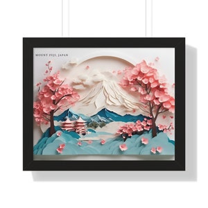 Mount Fuji Serenity: Framed Poster of Japan's Iconic Peak & Cherry Blossoms