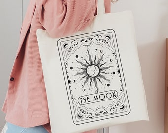 The Moon Tarot Card Zippered Tote Bag: Celestial Canvas Bag