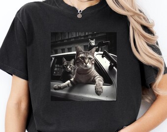 Comfort Colors Cat T-Shirt, Vintage Grayscale Car Cat Print