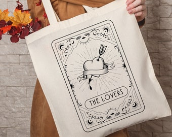 The Lovers Canvas Tote Bag, Eco Friendly Tote, Tarot Tote Bag, Psychic Gift, The Lovers Tarot Card, Tarot Tote, Aesthetic Zippered Tote Bag