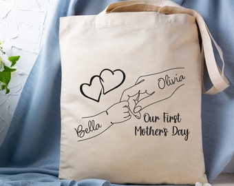 Bolsa de lona personalizada para el primer día de la madre: nombres de mamá y bebé, bolsa de compras con cremallera