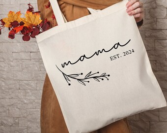 Custom Mama Est. Year Canvas Tote Bag, Mother's Day Gift