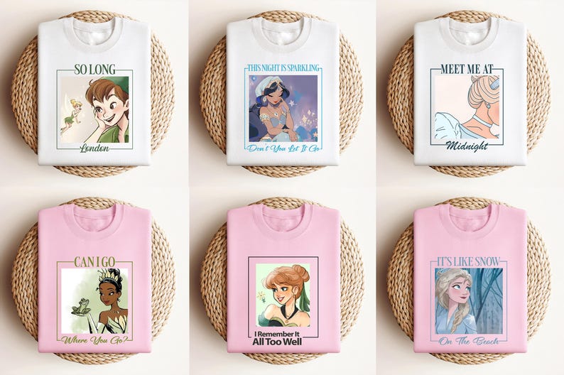 Disney Princess Shirt Elsa Anna Jasmine Tiana Cinderella Peter Pan Tinker Bell Graphic Tee Cute Fairytale Tee Magical Character Gift 画像 7