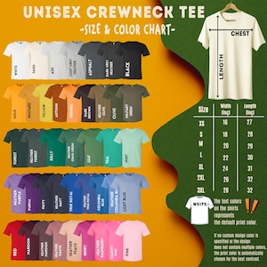 The image is a color chart for a crew neck t-shirt, displaying various color options and corresponding sizes.