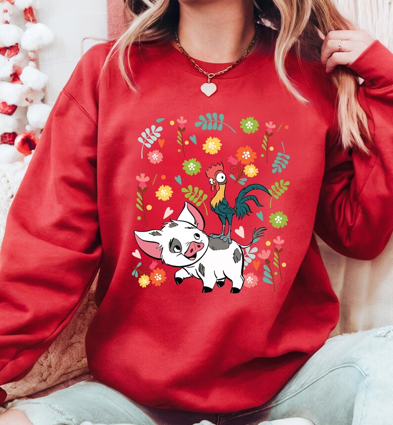 Camiseta de Pua y Hei Hei Moana, linda sudadera tropical de Disney con diseño floral, atuendo de parque de aventuras, regalo para amantes de los animales para mujeres y niños imagen 5