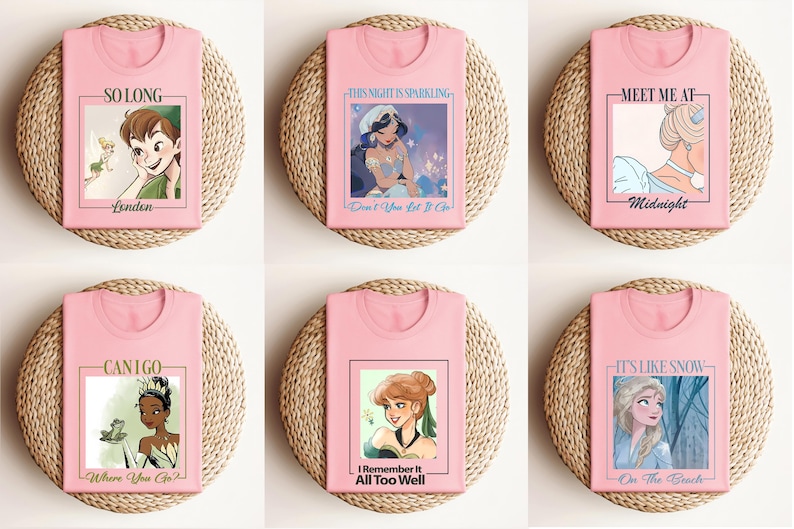 Disney Princess Shirt Elsa Anna Jasmine Tiana Cinderella Peter Pan Tinker Bell Graphic Tee Cute Fairytale Tee Magical Character Gift 画像 2