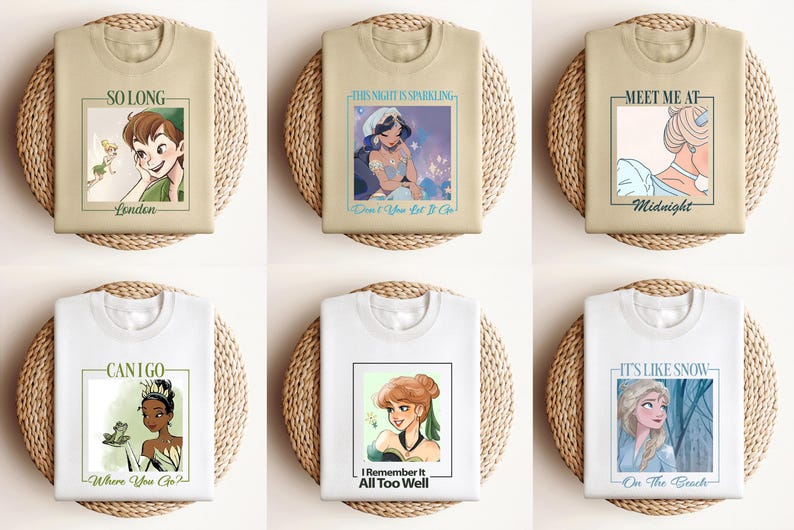 Disney Princess Shirt Elsa Anna Jasmine Tiana Cinderella Peter Pan Tinker Bell Graphic Tee Cute Fairytale Tee Magical Character Gift 画像 4