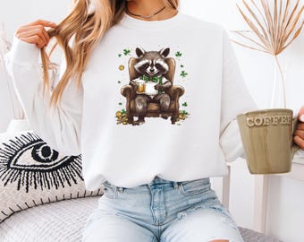 St Patricks Day Raccoon Sweatshirt: Irish Beer, Lucky Clover