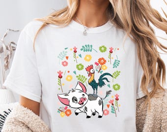 Pua and Hei Hei Moana Shirt, Cute Tropical Disney Sweatshirt with Floral Design, Adventure Park Outfit, Animal Lovers Gift for Women & Kids