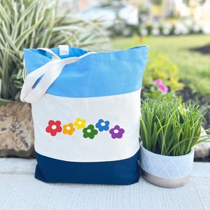 Rainbow Flowers LGBTQ Pride Canvas Tote Bag - Zippered LGBT Shoulder Bag