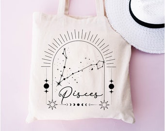 Pisces Zodiac Canvas Tote Bag, Astrology Gift