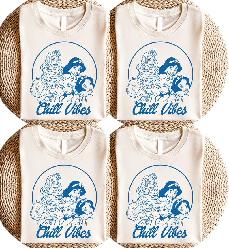 Minimalist blue line art of Disney princesses with "Chill Vibes" text on cream t-shirt; features Ariel, Cinderella, Snow White, Belle, and Jasmine in a relaxed, modern design.