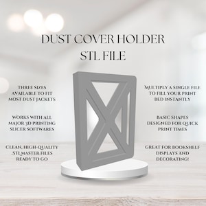 Puede incluir: Un soporte gris de forma rectangular impreso en 3D con un recorte central en forma de X. La imagen incluye el texto: DUST COVER HOLDER STL FILE, THREE SIZES AVAILABLE, MULTIPLY A SINGLE FILE, WORKS WITH ALL MAJOR 3D PRINTING SLICER SOFTWARES.