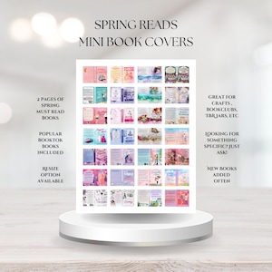 Puede incluir: Una exhibición de mini portadas de libros con el texto "Spring Reads" y "Mini Book Covers". Las portadas están dispuestas en filas y columnas, con varios diseños y colores. El texto a la izquierda dice "2 Pages of Spring Must Read Books" y "Popular Booktok Books Included."