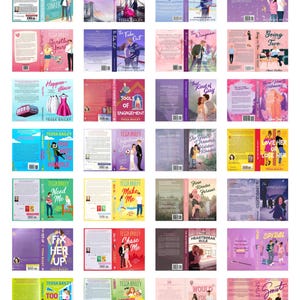 May include: A collection of twenty-eight romance novel book covers arranged in a grid, featuring various illustrated characters, vibrant color palettes, and titles such as Hook Line and Sinker, The Fake Out, The Wingman, and Smut, with visible barcodes.