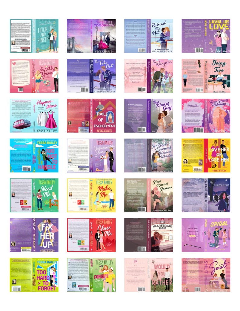 May include: A collection of twenty-eight romance novel book covers arranged in a grid, featuring various illustrated characters, vibrant color palettes, and titles such as Hook Line and Sinker, The Fake Out, The Wingman, and Smut, with visible barcodes.