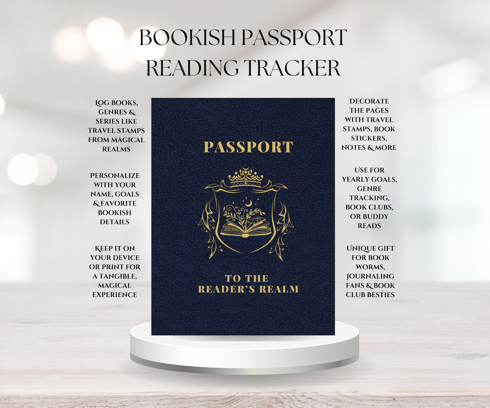 Bookish Passport Reading Tracker displayed on a pedestal. A blue cover with gold embellishments features an open book and royal crest. Surrounding text highlights features like personalizing, tracking genres, and decorating with stamps.